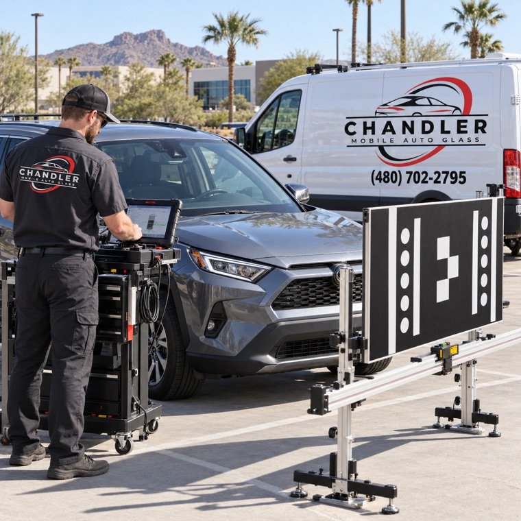 Technician calibrating a windshield camera with a target board