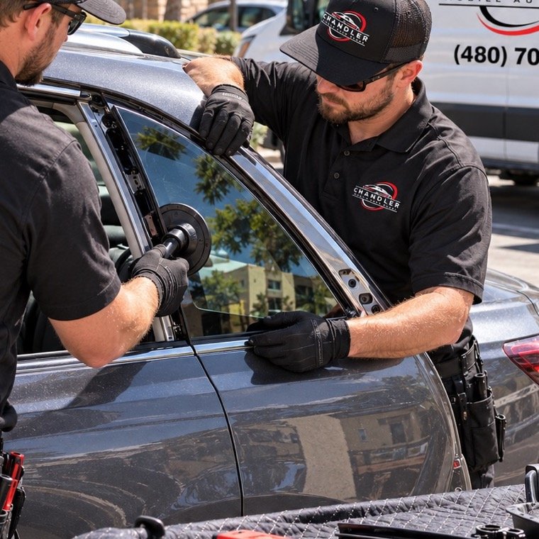 Technicians fitting the small vent glass at the front of an SUV door