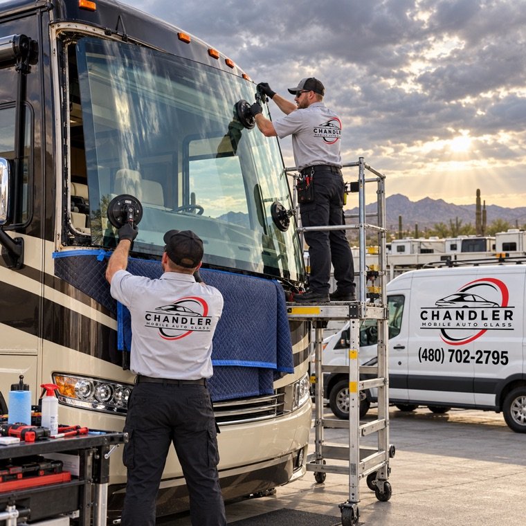 Technicians replacing a motorhome windshield from a work platform