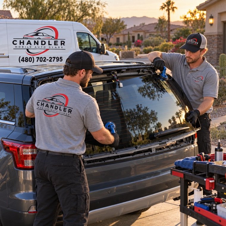 Two technicians installing a back window on an SUV