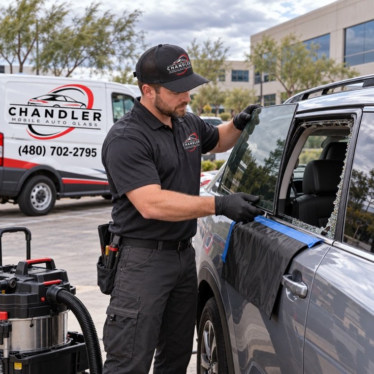 Technician taping the frame before a side window replacement
